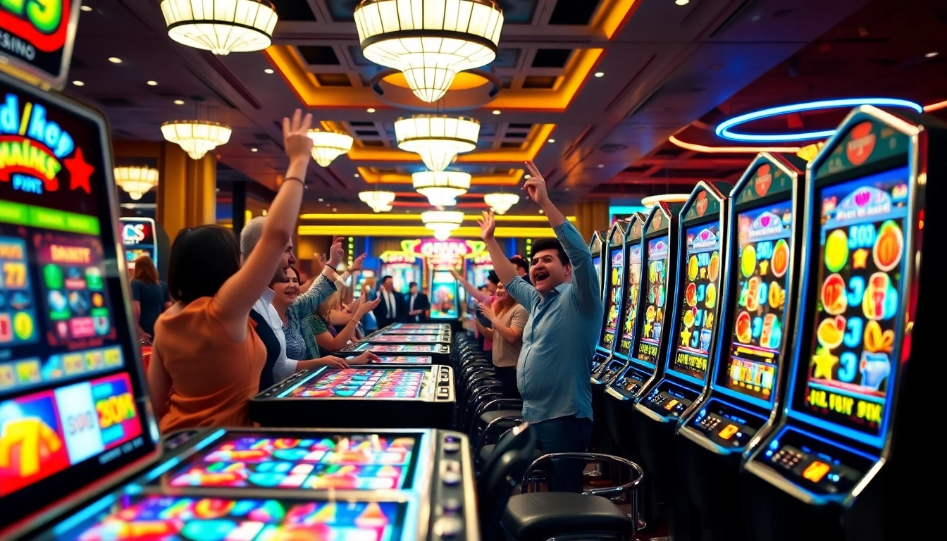 Menggambarkan bandar slot yang penuh warna di kasino yang ramai dengan pemain bersorak.
