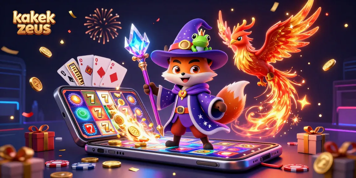 Kakek Zeus wields magic alongside a phoenix in a colorful casino setting, showcasing vibrant slot game elements.