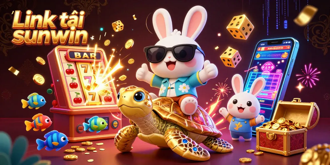 Spin and win with Link tải sunwin: A colorful illustration of a lucky rabbit and golden turtle in a vibrant casino scene.