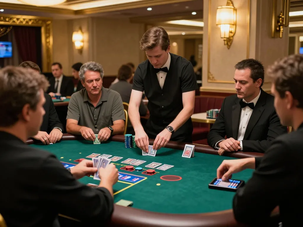 Players enjoying an exciting blackjack game at Thabet casino with a live dealer present