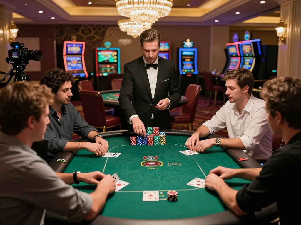 Players strategizing during a poker game at Thabet Casino, showcasing intense gameplay and vibrant atmosphere.