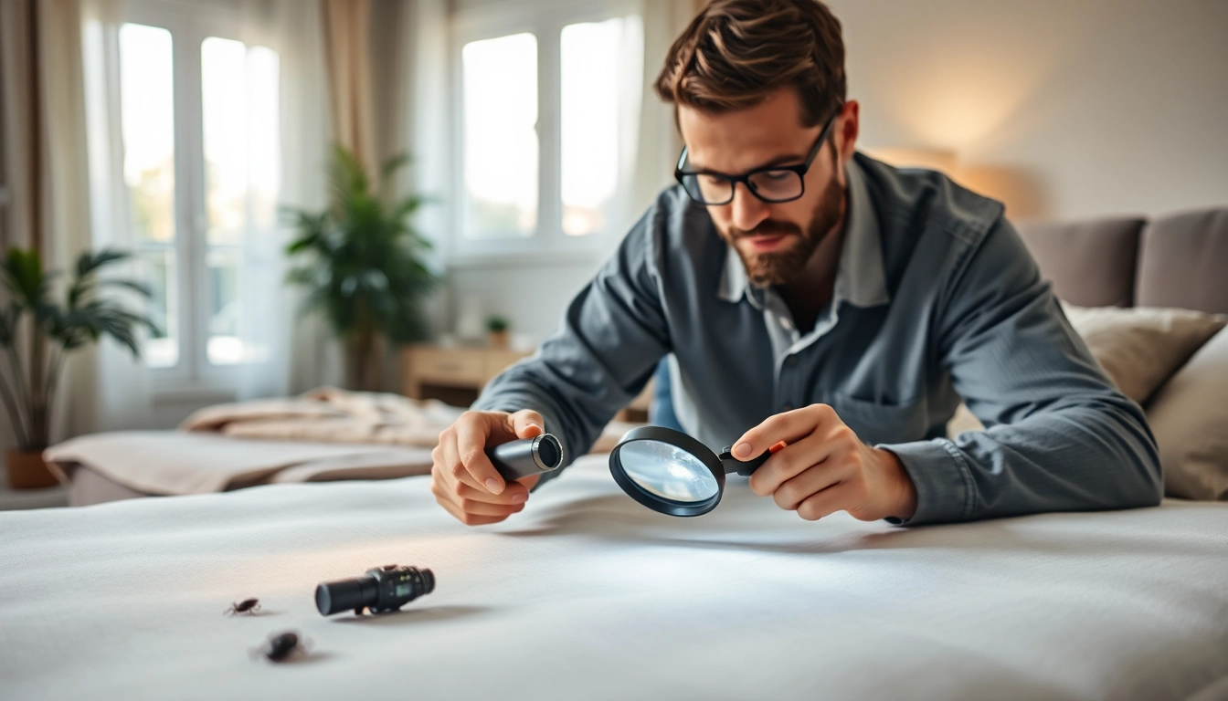 Bedbugs exterminator near me inspecting for bed bugs in a clean, bright room.