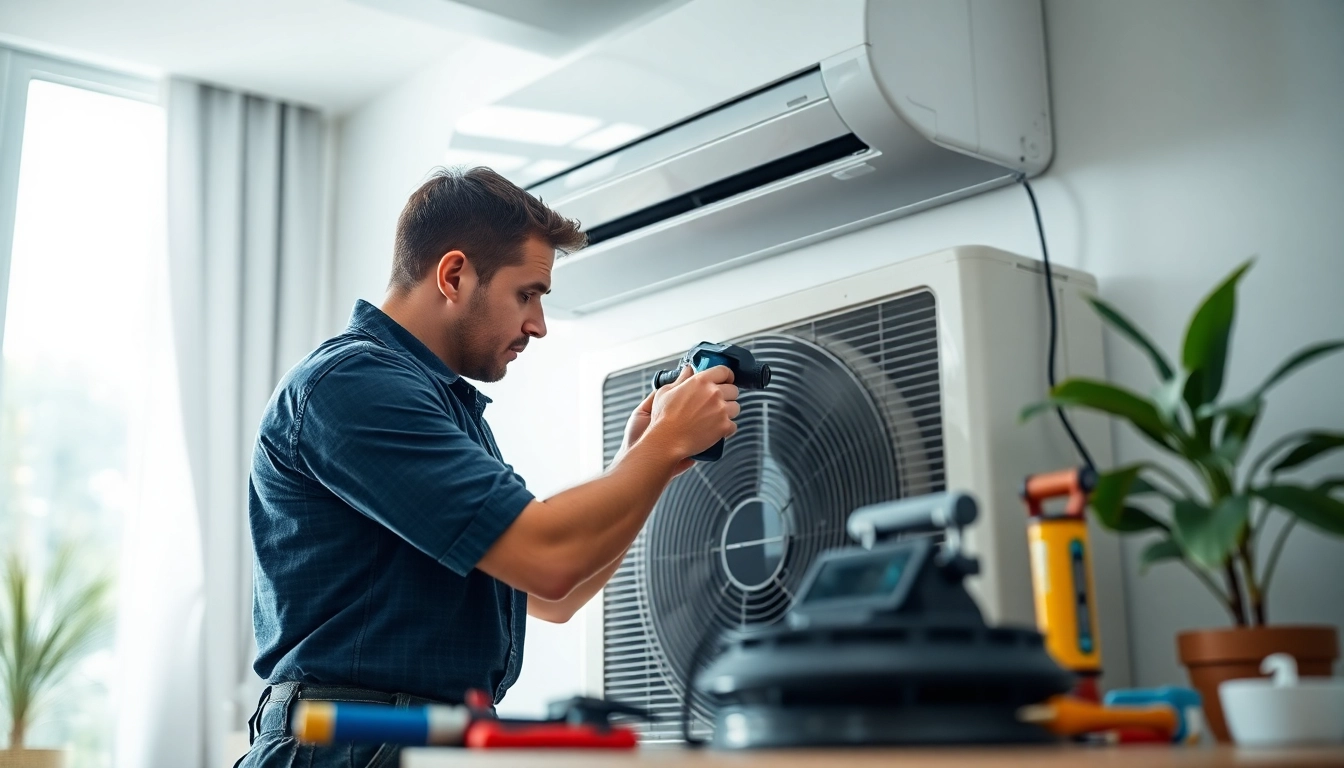 HVAC Repair Tampa service with a technician fixing an air conditioning unit in a bright home.
