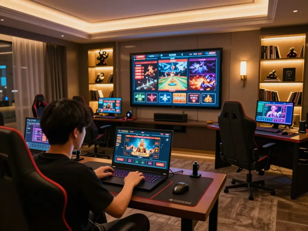 nhà cái 8xbet user engaging in strategic online gaming on a modern laptop setup