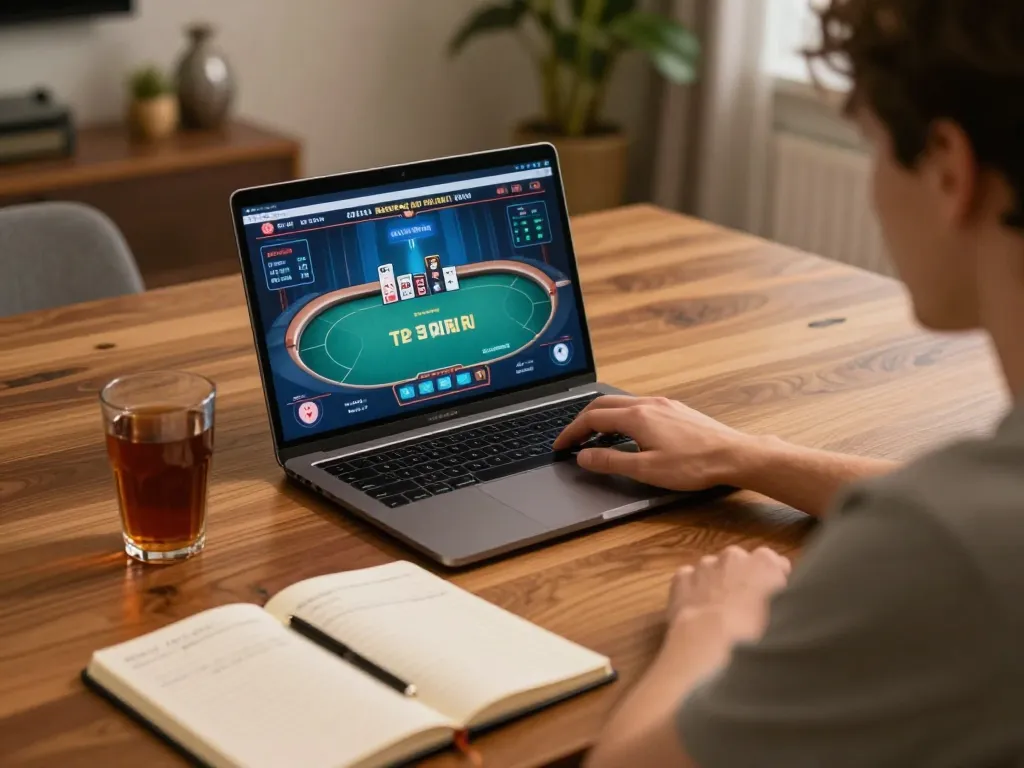 Engaging in online poker strategies at https://dola88vn.com/ with a detailed gaming setup, highlighting responsible gambling.