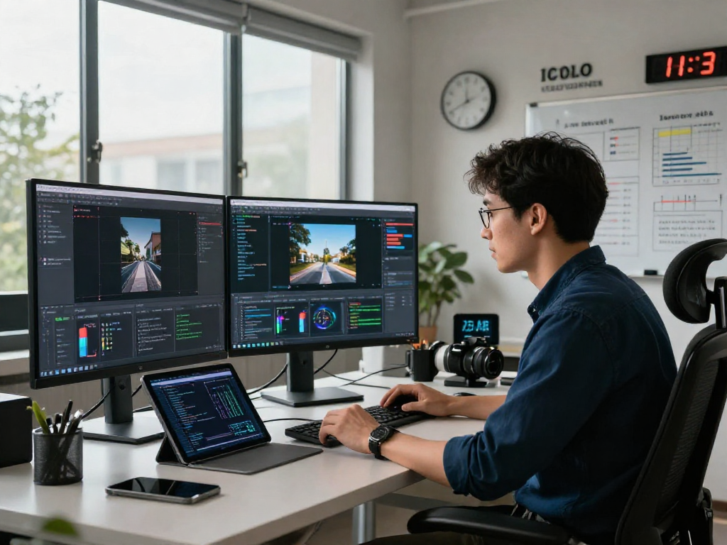 Detect AI image analyzing workspace with screens displaying content detection metrics and research data