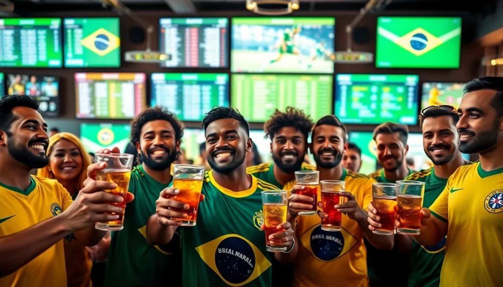 Engaging scene of fans enjoying the best sportsbooks Brazil experience in a lively sports bar atmosphere.