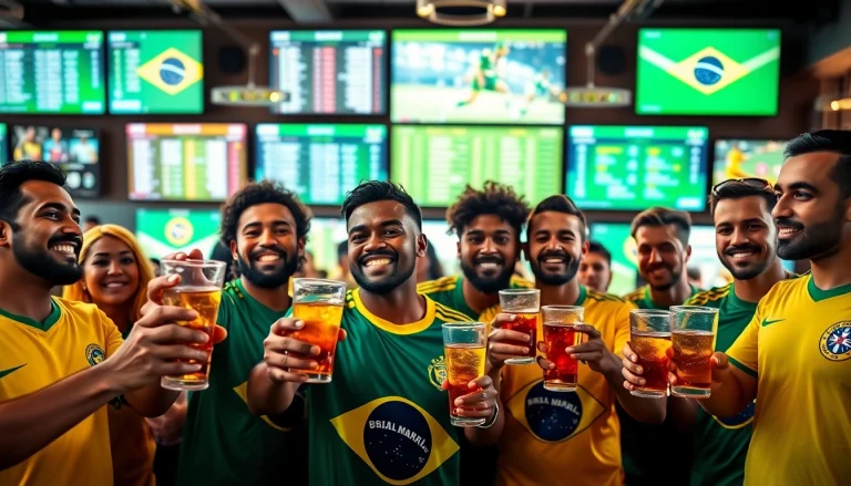 Engaging scene of fans enjoying the best sportsbooks Brazil experience in a lively sports bar atmosphere.