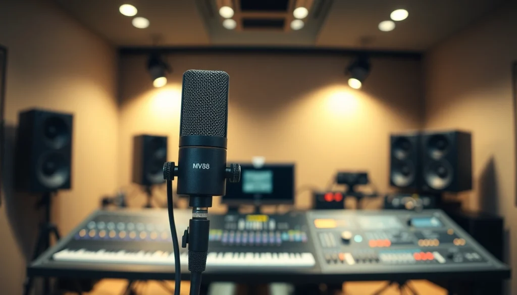 MV88 microphone showcased in a contemporary studio setting, highlighting its professional audio recording capabilities.