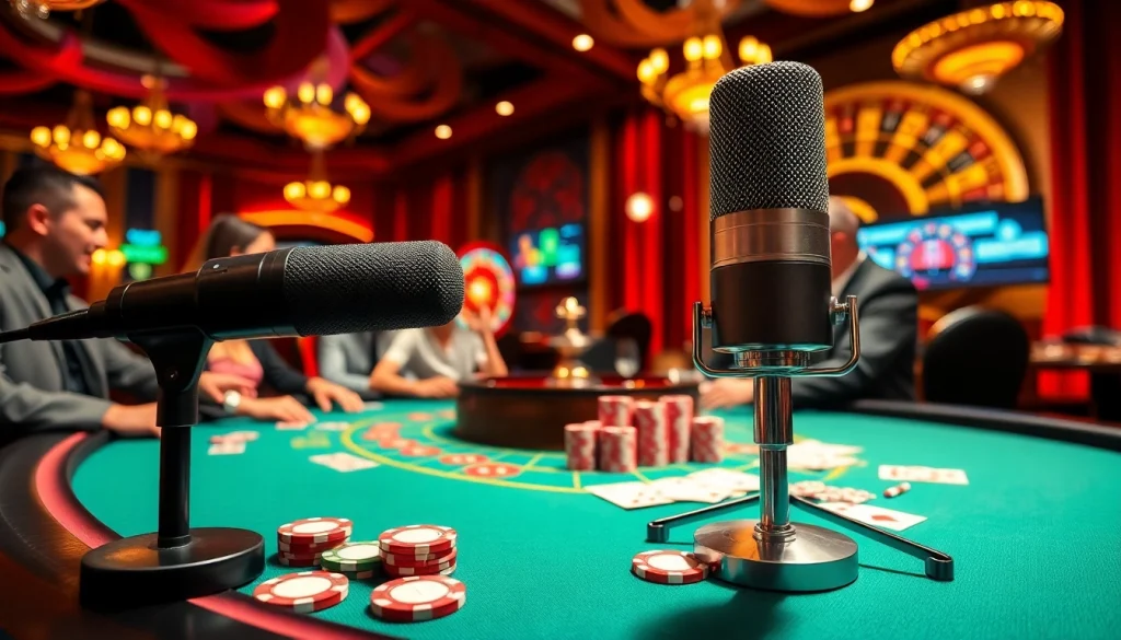 Gambler sharing tips with MV88 microphone in a luxurious casino atmosphere.