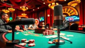Gambler sharing tips with MV88 microphone in a luxurious casino atmosphere.