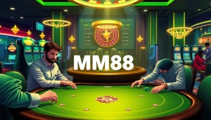 MM88 players making strategic bets at a luxurious poker table in an upscale casino.