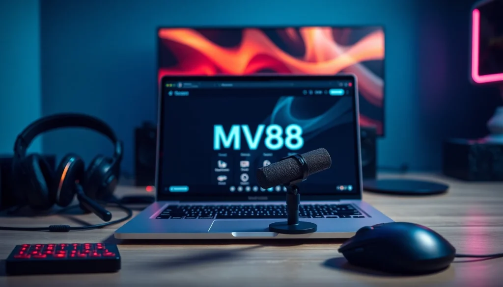 MV88 microphone showcased in a modern online gaming setup, emphasizing tech and communication.
