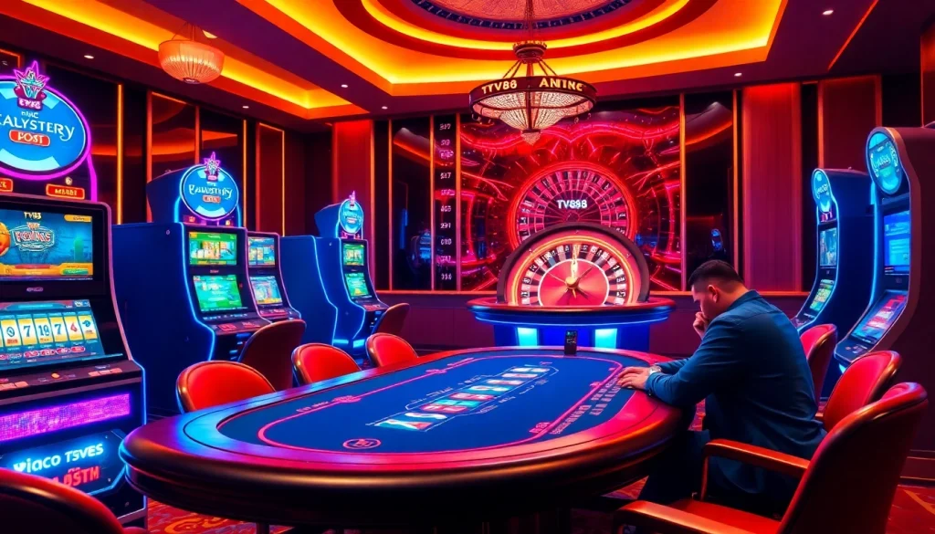 TV88 captivating online casino scene with poker table, slots, and roulette wheel.