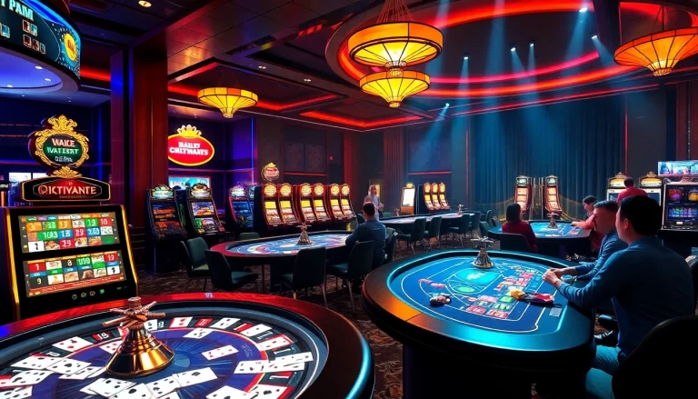 KJC AC 1 casino scene with lively tables, gaming activities, and players enjoying poker, slots, and roulette.