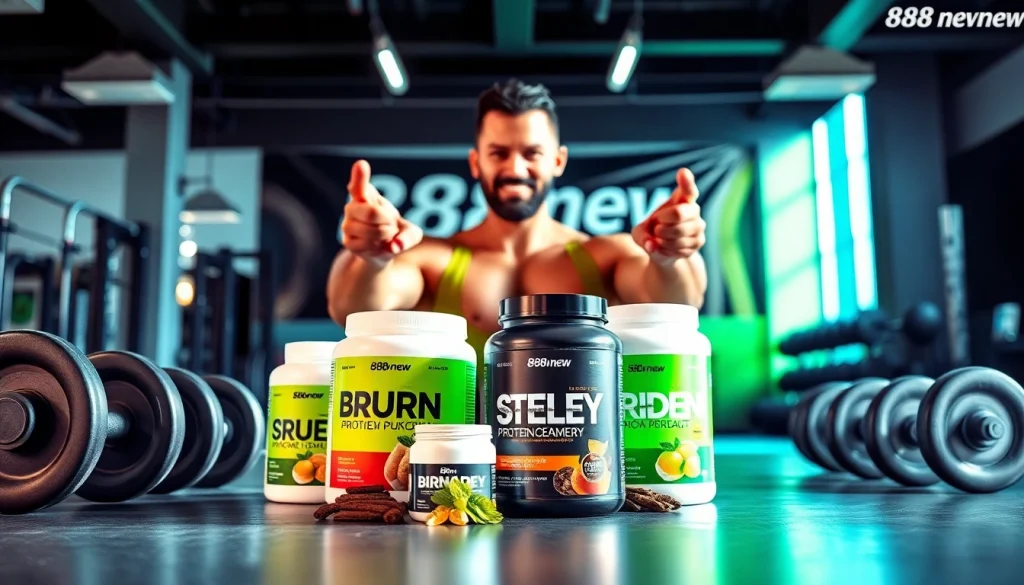 Showcasing fitness products with the keyword 888new prominently featured in a modern gym.