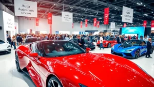 Engaging display at an Auto Cars Show showcasing luxury cars and enthusiastic attendees.