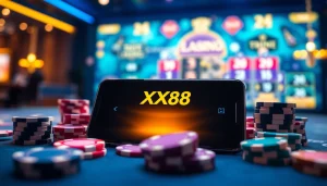 XX88 online gaming platform with vibrant colors and a sleek mobile interface, inviting players to enjoy safe gambling experiences.