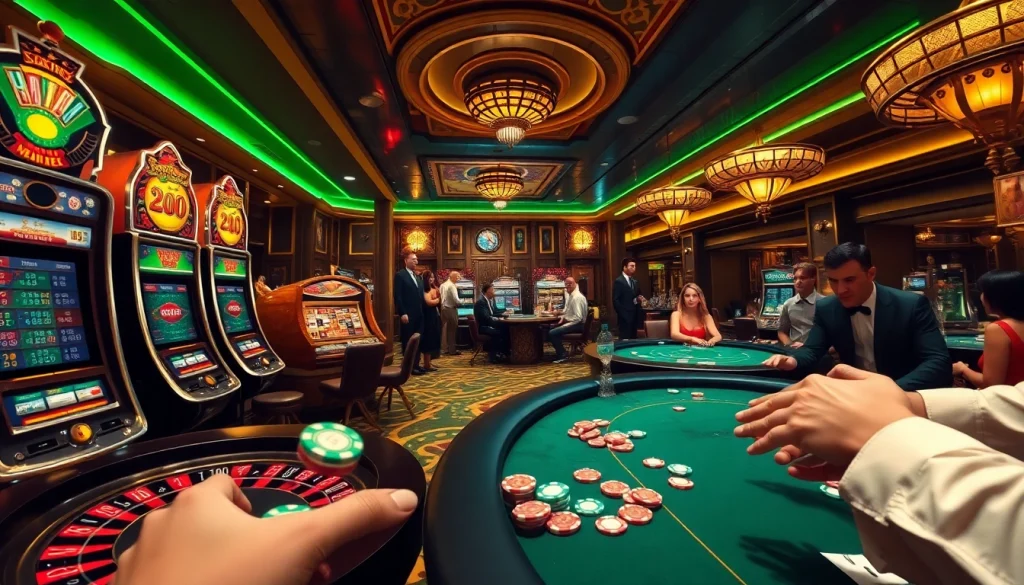 Exciting gambling action at a lively casino showcasing rr88com's vibrant gaming atmosphere with poker tables and slot machines.