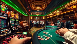 Exciting gambling action at a lively casino showcasing rr88com's vibrant gaming atmosphere with poker tables and slot machines.