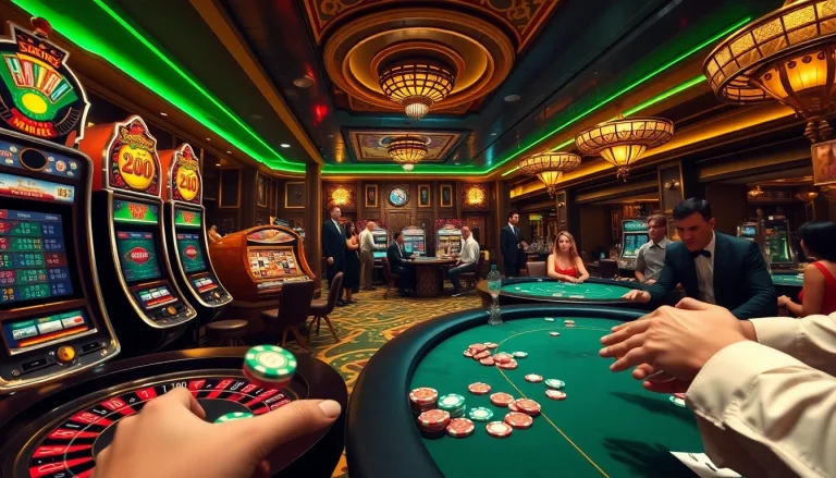 Exciting gambling action at a lively casino showcasing rr88com's vibrant gaming atmosphere with poker tables and slot machines.