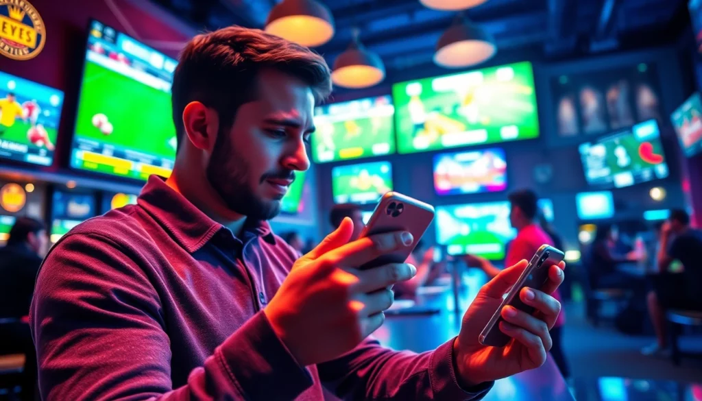 Engaging fan exploring sports betting sites India on a mobile device in a lively sports bar atmosphere.
