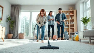 Cleaning Service professionals actively tidying a bright, modern living space with care and precision.