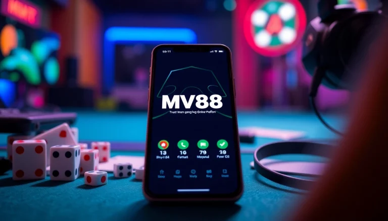 MV88 digital gaming interface on a smartphone amidst vibrant gaming accessories.