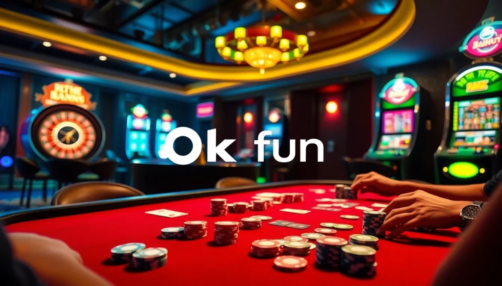 Experience the excitement of Okfun at a vibrant casino table filled with poker chips and cards.