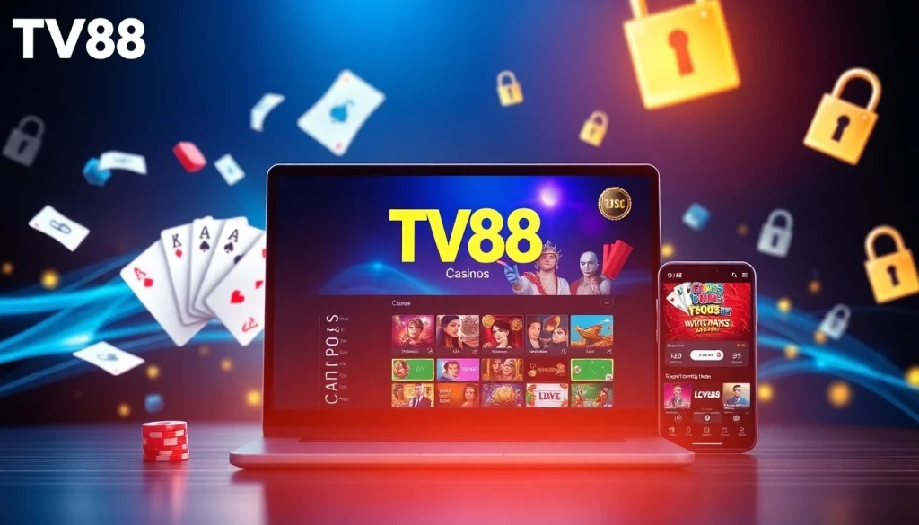 TV88 online casino platform interface showcasing vibrant casino games and sports betting visuals.