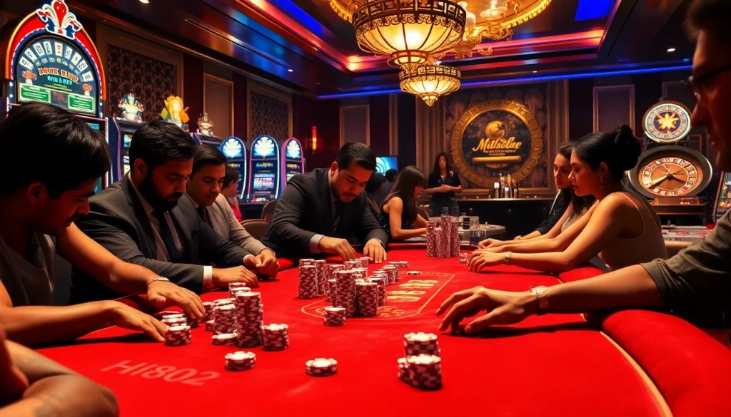 Players enjoy a high-stakes poker game at a casino table with Hi8802 branding evident, showcasing vibrant chips and cards.