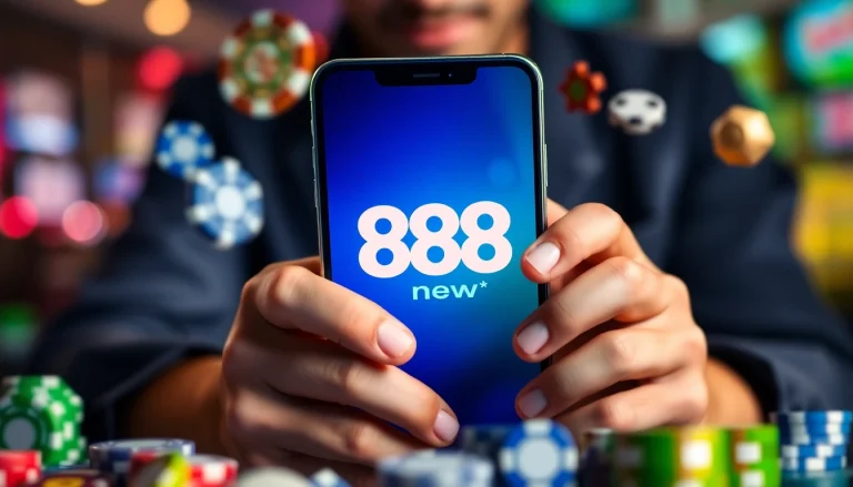 Engaging scene of a user playing on the 888new app, surrounded by gaming icons.