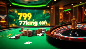 Experience the excitement of gambling with 79king con showcasing casino tables, poker chips, and a roulette wheel.