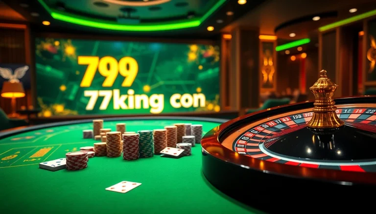 Experience the excitement of gambling with 79king con showcasing casino tables, poker chips, and a roulette wheel.