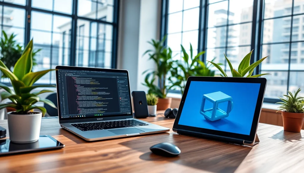 Showcase of technology workspace, featuring innovation and modern gadgets in an energetic setting.