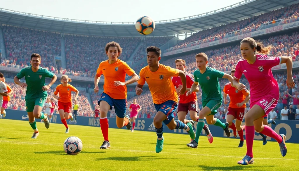 축구중계에 참여하는 선수들이 액션을 취하는 살아있는 경기 장면