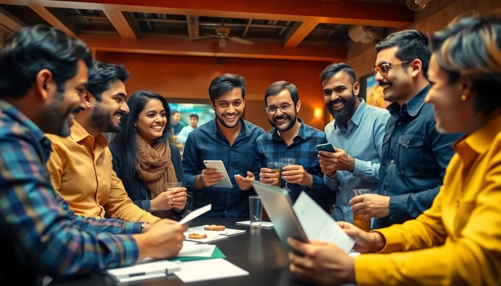 Engaged bettors examining sports betting sites India with enthusiasm and camaraderie in an energetic atmosphere.