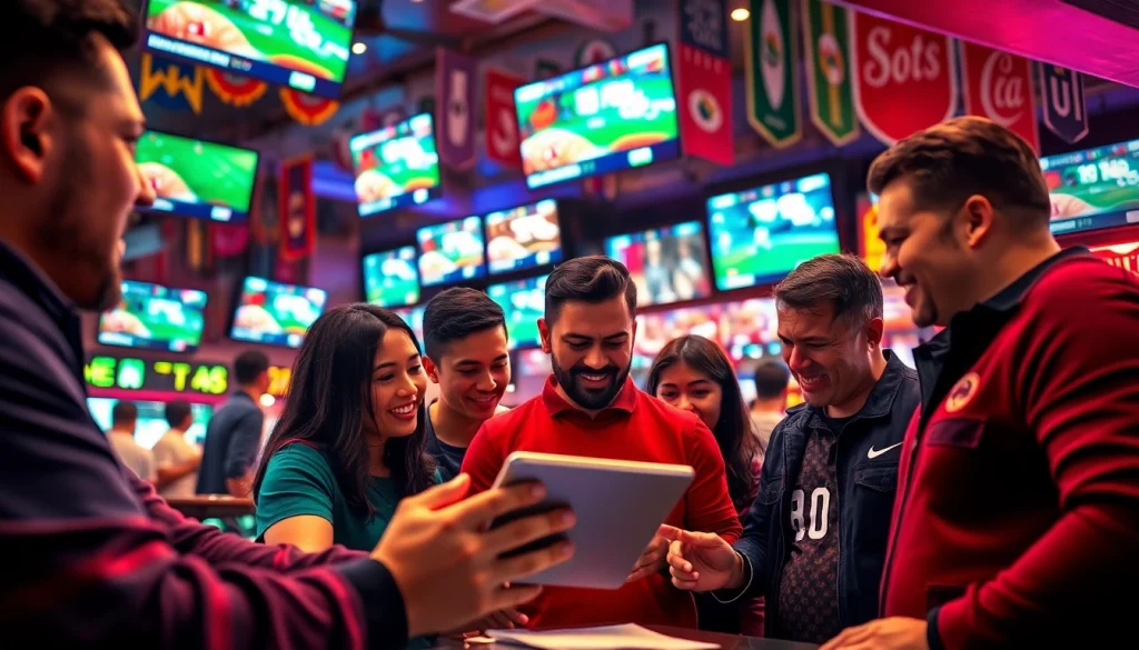 Engaged bettors discussing odds and strategies in a vibrant sports betting Mexico environment.