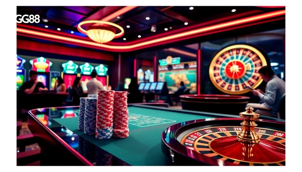 Experience exciting gambling action at https://gg88.pizza/ with poker chips and slot machines in a luxurious casino.