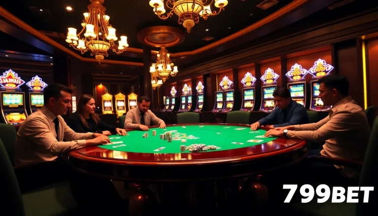 Experience the thrill of poker chips and cards at 789BET's luxurious casino.
