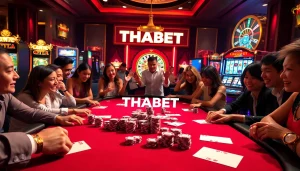 Players enjoying a thrilling game at THABET's casino with vibrant poker chips and a roulette wheel.