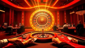 Players enjoy thrilling games at 99OK casino with vibrant roulette wheel and poker tables.