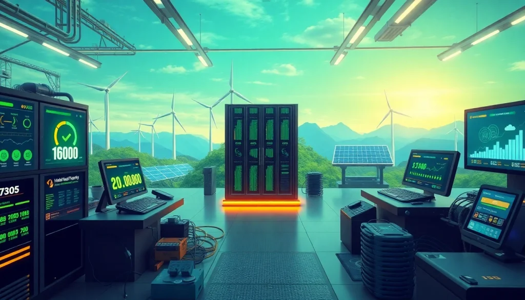 Dogecoin cloud mining earnings showcased in a modern AI-driven mining facility with green energy sources.