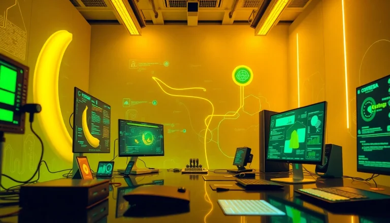 Dynamic digital workspace depicting nano banana 2 with AI technology and vibrant colors.