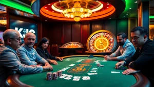 KJC casino players engaging in a strategic game at an upscale poker table.