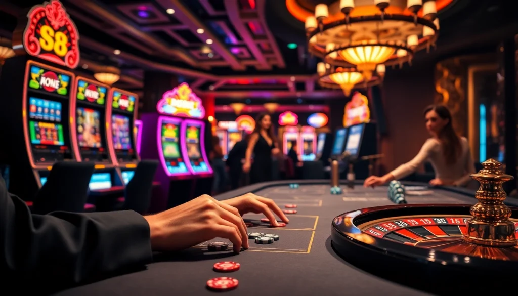 Experience the thrilling excitement of S8 casino games with vibrant slot machines and poker chips.
