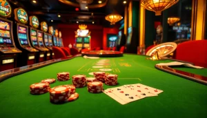 Experience the excitement of gambling at tha-bet with vibrant casino elements, poker chips, and slot machines.