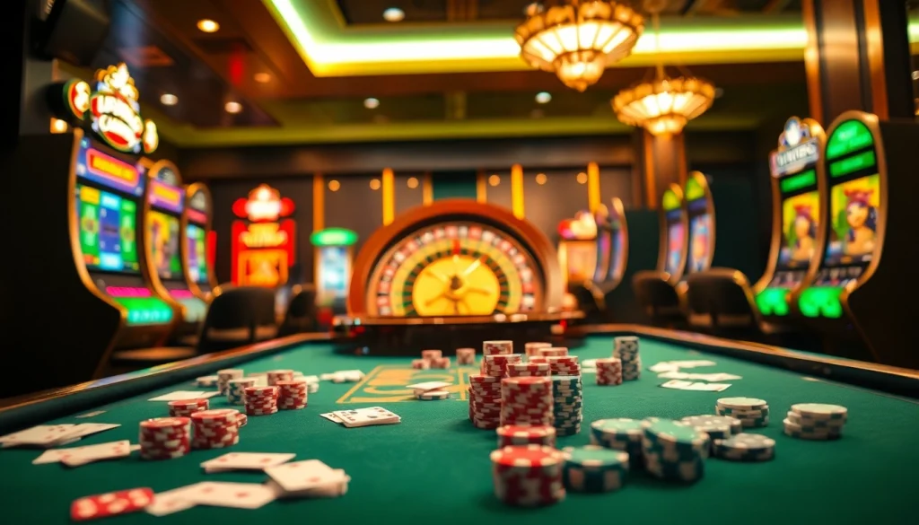 Experience thrilling casino gameplay at Nhà cái RR88 with vibrant tables, cards, and slot machines.