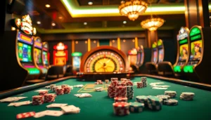 Experience thrilling casino gameplay at Nhà cái RR88 with vibrant tables, cards, and slot machines.