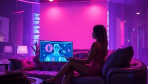 AI sex bot interaction in a cozy, futuristic lounge, highlighting intimacy and technology.